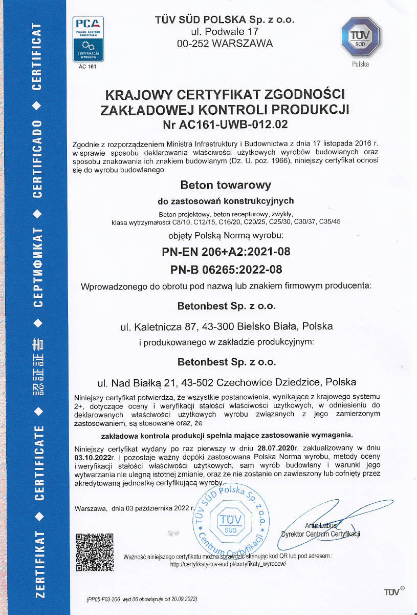 Krajowy certyfikat zgodności ZKP betonu